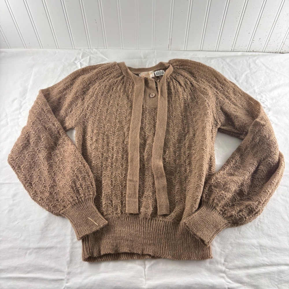 Vintage Brown Pointelle Knit Tie Neck Puff Sleeve Sweater Acrylic Korea Medium